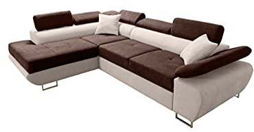 Robin Inspire Saturn Premium Divano angolare con funzione letto cassetto per biancheria e cuscini Poggiatesta regolabili stile moderno marrone e crema angolo a sinistra 272 x 200 x 90
