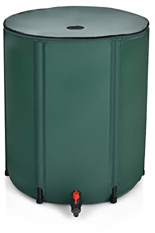 COSTWAY Barril Plegable 225 L para Agua de Lluvia, Contenedor Agua, Sistema Recogida Agua de Lluvia Portátil con Tapón Filtro Válvula de Desborde Válvula de Red, Cisterna Agua para Jardín (225 L)