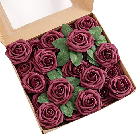 kuujojo Burgunderrote künstliche Blumen, 25 Stück, Schaumstoff-Rosen mit Stielen für DIY-Hochzeit, Babyparty, Brautparty, Hochzeitsstrauß, Arrangements, Partytische, Heimdekoration