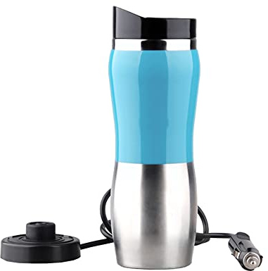 TOTMOX - Tazza per auto elettrica da 12 V 400 ml portatile, in acciaio inox, riscaldata bollitore elettrico, con accendisigari per acqua calda, caffè, tè, uso domestico e da viaggio, blu
