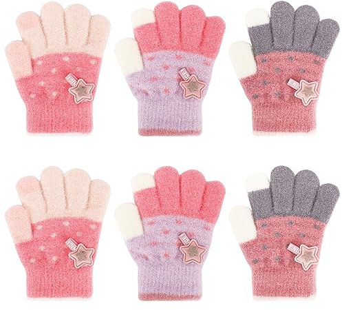 QKURT 3 Paia Guanti Magici per Bambini,Guanti di Sabbia di Cristallo Colorati Guanti Termici Morbidi Buona Elasticità Guanti a Dita Intere con Nuovo Motivo a Stella per Ragazze e Ragazzi di 1-5 Anni