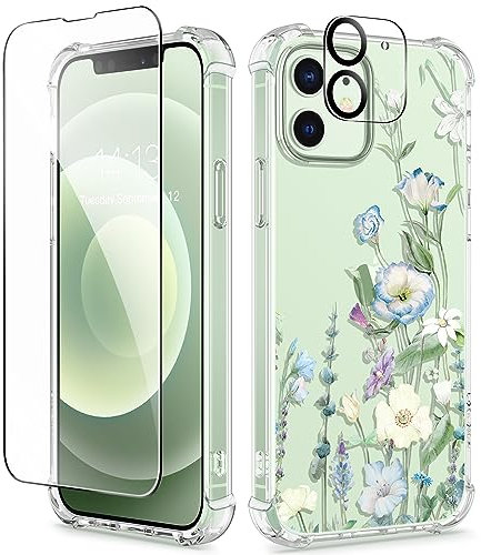 GVIEWIN kompatibel mit iPhone 12 Hülle/iPhone 12 Pro Hülle 6,1 2020, mit Displayschutz Schutzfolie+Kamera Schutzfolie, Blume Klar TPU Dünne Stoßfest Kratzfestes Handyhülle Schutzhülle,Aquilegia/Weiß
