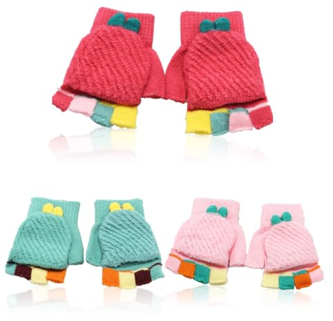 INGJIA 3 Paires de Gants pour Enfants en Tricot d'hiver Gants sans Doigts Colorés Gants Magiques Convertibles Mitaines Chaudes Extensibles pour Garçons et Filles, Unisexe, 5-12 Ans