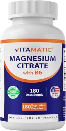 Vitamatic Magnesium Citrate 500mg per Serving - 180 Vegetarian Capsules (Provides 150 mg of Elemental Magnesium) - Added B6 for Maximum Absorption - Supports Muscle, Joint, and Heart Health*