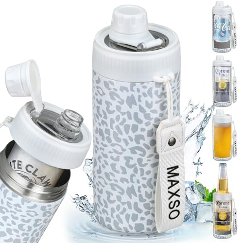 MAXSO Sealed Can Cooler Fizz Lid Can Cover for 12 oz Regular, Slim Skinny Cans & As Thermal Bottle, 4-in-1 Insulated Vacuum Stainless Steel Carbonated Cold Drink Holder - Leopard