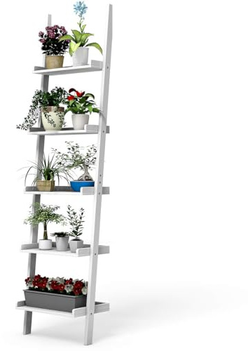 COSTWAY Estantería Escalera de 5 Niveles, Librería de Pared de Estilo Escalera, Estanteria Madera de Almacenamiento para Libro Planta Flores, Decoración para Salón, Baño y Sala de Estar (Blanco)