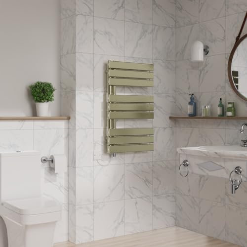 Warmehaus Designer Flat Panel Electric Heated Towel Rail Radiator Wall Mounted Bathroom Ladder Radiators Prefilled Brushed Brass 824x500mm