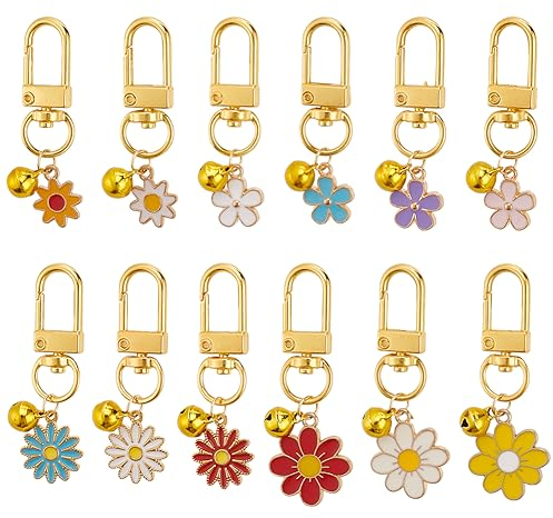 DELORIGIN 12 Stück Blume Glöckchen Anhänger Für Katzen Glocke Emaille Anhänger für Hunde Katze Gänseblümchen Halskette Halsband Dekor Taschen Anhänger Für Haustier Halskette Dekoration