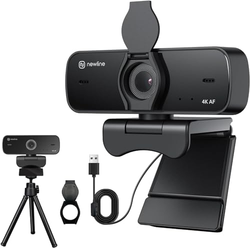NewlineWork 4k PC Webcam con micrófonos duales con cancelación de Ruido, Enfoque automático, corrección de luz, con Obturador de privacidad y trípode, USB 2.0 UHD Webcam para PC Mac Skype Streaming