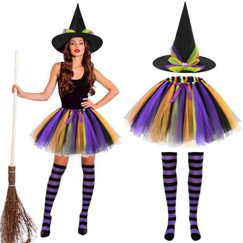 Beipegin Costume Strega Donna,Gonna Tutù con Cappello Strega Calze Strega Vestito Strega Costume Halloween Donna