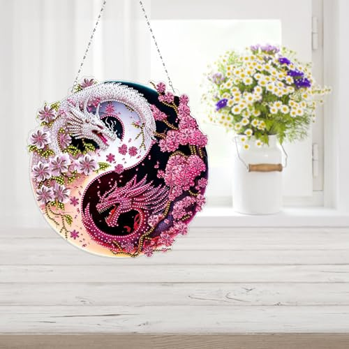 Amiiba Diamond Painting Hanging Kits Two Dragons, 5D Diamond Art Double Sided Hanging Plaques DIY Ornament Pendants Decorations (Dragons)