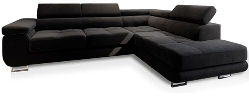 Masseno Ecksofa Selva R-S mit Schlaffunktion L-Form, Glamour Sofa mit Bettkasten, Wohnzimmersofa, Couch, Soffa, Bettsofa, Couchgarnitur - Schwarz, Monolith 95