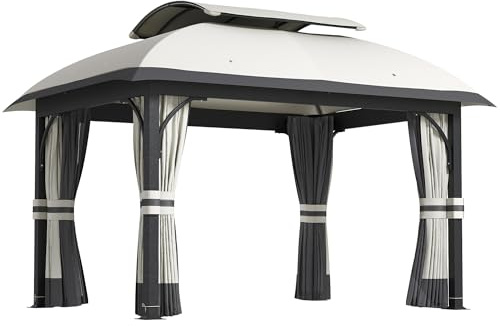 Outsunny Gazebo da Giardino 4x3.3 m con Zanzariere, Doppio Tetto, Fori di Drenaggio e Porte, Gazebo da Esterno in Metallo e Poliestere, per Giardino, Feste, Campeggio, UV20+, Grigio Chiaro