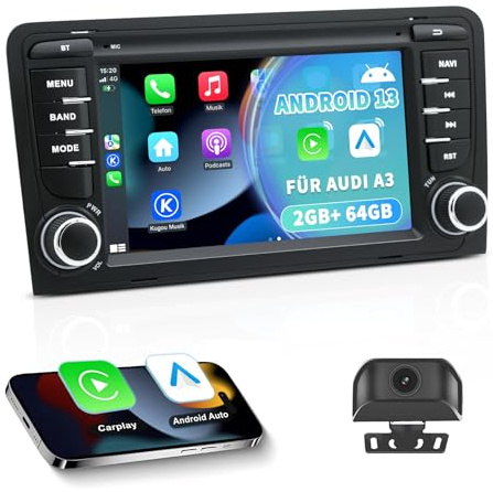 Autorradio Android 13 para Audi A3/S3/RS3 8P (2003-2012), Pantalla táctil HD de 7 Pulgadas, CarPlay/Android Auto Inalámbrico, GPS, Wi-Fi, Bluetooth + Cámara de visión Trasera HD, Control al Volante