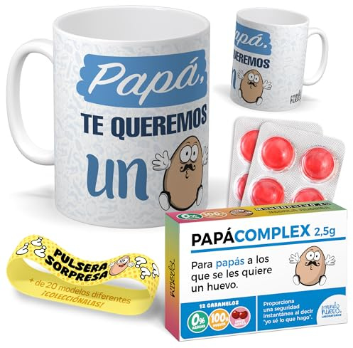 mundohuevo Kit regalo personalizado dia del padre | Taza Papá te queremos un huevo + Caramelos divertidos + Pulsera sorpresa | Regalo divertido, original y único para cumpleaños, santos, navidad.