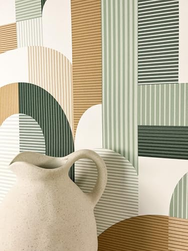 Newroom Tapete Grün Vlies Boho Streifen - Modern Grafisch Bogen Muster für Wohnzimmer Schlafzimmer