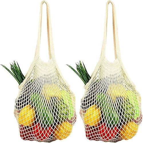 YceLon 2 Stück Netztasche Sandspielzeug, Einkaufstasche Netz Wiederverwendbar,Einkaufsnetzbeutel mit langem Griff für die Aufbewahrung von Obst und Gemüse Baumwolle Einkaufsnetz Bags