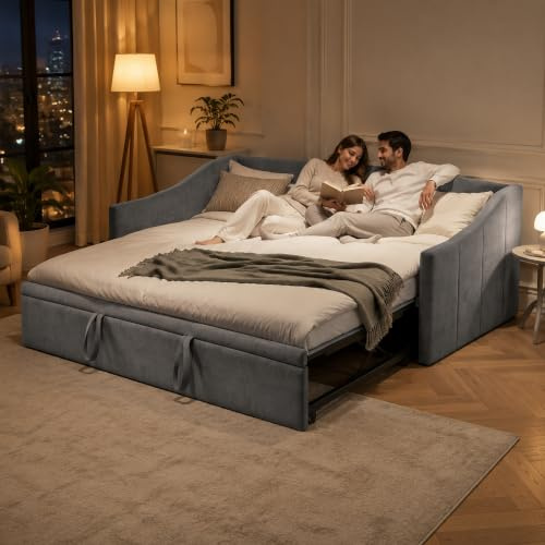 2-sits bäddsoffa 90/180 x 200 cm, konvertibel bäddsoffa, vadderad säng med spjälsäng, utdragbar bäddsoffa, sammetsöverdrag, grå (utan madrass) (grå-A)