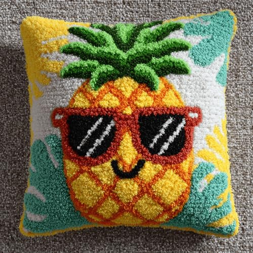 Juego de cojines de nudos para relajarse, kit de cojín de gancho para atar sin estrés, completo con instrucciones y herramientas, para niños y adultos, principiantes, 43 x 43 cm, piña con gafas de sol