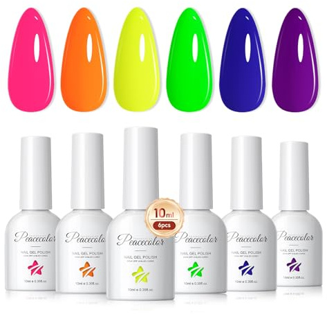 PEACECOLOR Pintauñas Semipermanentes Neón Serie 10ML, 6 Colores Esmaltes Semipermanentes para Uñas Rosa Naranja Amarillo Verde Azul Morado Soak Off UV/LED Nail Polish Nail Art DIY en Casa Manicura