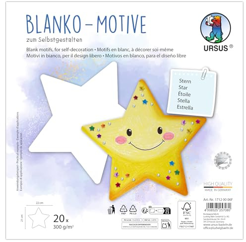 Ursus 1712 00 06F - Blanko Motive Stern, 20 Stück aus 300 g/m² Fotokarton, 22 x 21 cm, DIY Bastelpapier zum Ausmalen, Bekleben, Ausschneiden & Selbstgestalten