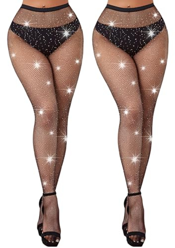 VRYNDH 2 Pezzi Calze a Rete Donna con Brillantini e Strass - Collant Sexy con Glitter, calze a rete,Leggings a Vita Alta per Feste, Spettacoli, Cosplay, Halloween
