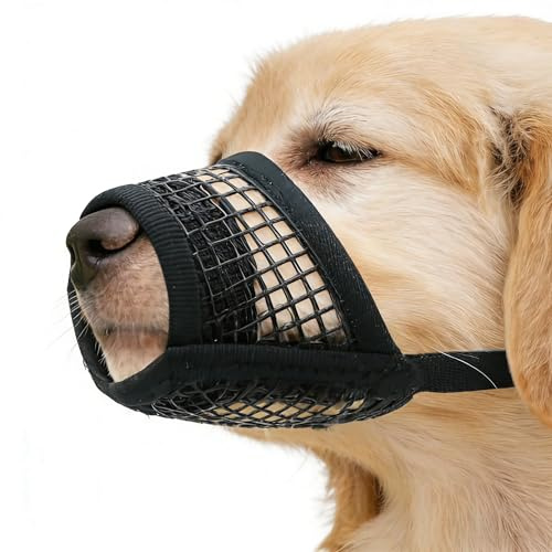 WoofGuard - Museruola per cani di taglia media e grande, traspirante, con rete, morbida museruola regolabile per passeggiate, allenamento, toelettatura e visite veterinarie (taglia L, nero)