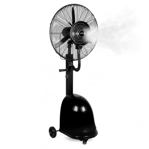Ventilador de Pie Industrial 170 cm con Nebulizador y Depósito de Agua 42 L – 240W, 3 Velocidades, Flujo 9.870 m³/h, Alcance 11 m, Fijo y Rotatorio, con Ruedas, Negro (49 L / 10960 m3/h)