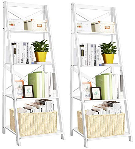 Tangkula 4-Tier Ladder Shelf Bookcase Leaning Free Standing Wooden Frame Decor Bookshelf Storage Flower Shelf Plant Display Shelf for Home Office (White, 2)