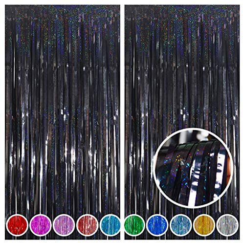 Melsan Black Tinsel Backdrop Streamers, Black Foil Fringe Curtains 3.2 ft x 8.2 ft for Halloween New Year Graduations Birthday Party Photo Booth Props Decorations, 2 Pack