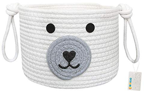 OYHOMO Panier de Rangement Tissé en Corde de Coton Pliable Boîte de Rangement Motif Chien Corbeille Décoratif pour Salon, Chambre Enfant, Bureau, Jouets Bébé Organiseur - Blanc