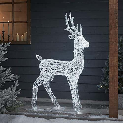 Lights4fun 120cm Swinsty LED Rentier Figur Acryl Weihnachtsfigur Rentier weiß Timer Weihnachtsbeleuchtung Außen und Innen Rentier beleuchtet aussen
