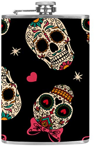 Flasque à whisky en cuir avec entonnoir pour camping, pêche, barbecue, fête, bar, buveurs, bouteille de vin Bling tête de mort mexicaine