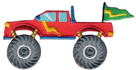 PatchMommy Monstertruck Aufnäher zum Aufbügeln für Kinder, 4,5 x 9 cm | Gesticktes Bügelbild, Patch & Applikation für Baby- und Kinderkleidung & Rucksäcke – zum Aufbügeln oder Aufnähen