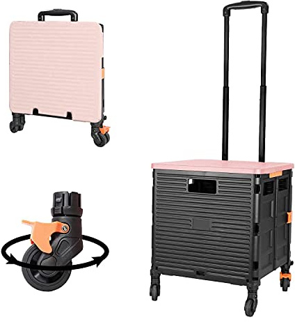 FELICON SELORSS Foldable Utility Cart Folding Portable Rolling Crate Handcart with Heavy Duty Telescoping Handle Collapsible 4 Rotate Wheels for Travel Shopping Move Luggage Office Use(Black+Pink)