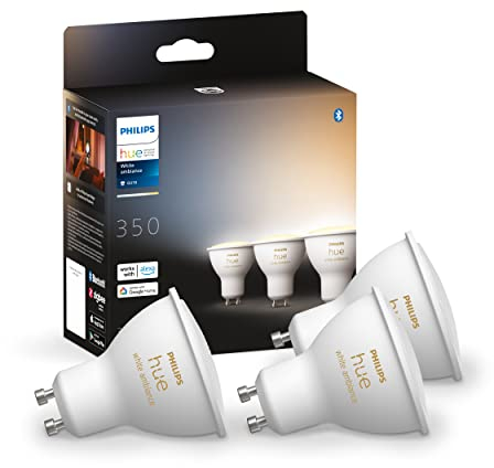 Philips Hue White Ambiance GU10 LED Spots 3er Pack (350 lm), dimmbare LED Lampen für das Hue Lichtsystem mit allen Weißtönen, smarte Lichtsteuerung über Sprache und App