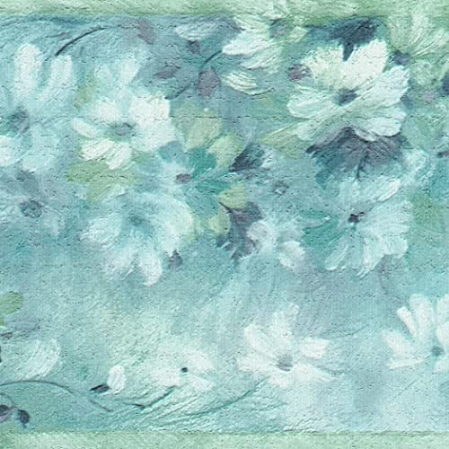 Dundee Deco DDAZBD9550 Tapetenbordüre zum Abziehen und Aufkleben, abstrakte grüne weiße Blumen, Retro-Design, 4,57 m x 17,78 cm, selbstklebend