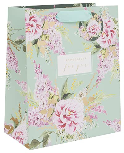 Glick Luxuriöse Geschenktüte, Mintgrün, große Feiern, Geburtstag, Hochzeit, Stephanie, Dyment Pfingstrosen/Fuchshandschuh, mehrfarbig, 260 x 315 x 135 mm (B x H x T)