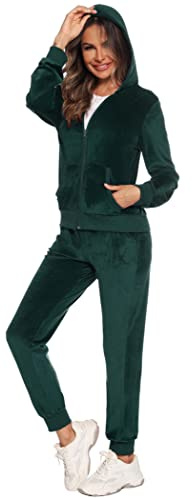 Orshoy Damen Trainingsanzug Jogginganzug 2-Teilig Sweatshirt und Jogginghose Set Velours Winter Warm Sportanzug Hausanzug Tracksuit mit Taschen Dunkelgrün S