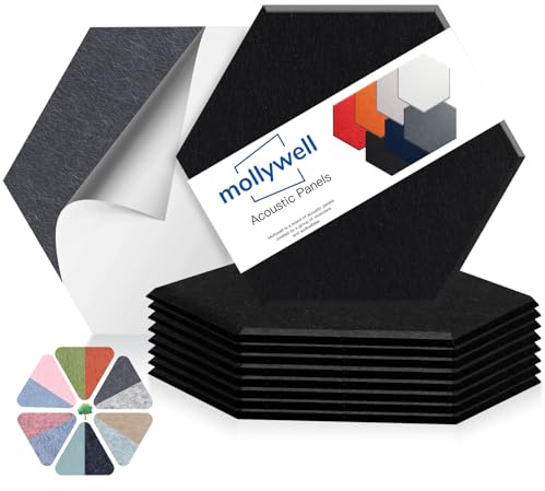 Mollywell Hexagon Acoustic Panels, High Density, Soundproofing, Decorative Noise Reduction Felt Wall Tiles for Ceilings, Home Office & Gaming Room (Black), 14x12x0.4 Inch