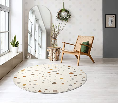 the carpet Beat Kids - Modern Children's Rug with Soft Pile, Easy to Clean, Fade-Resistant, Polka Dot Pattern, Round, 120 cm, Color: Cream