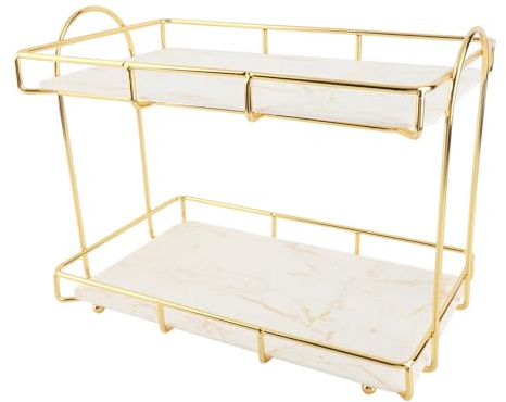 Asixxsix Organizador de baño, Bandeja de tocador Multiusos de 2 Niveles con Revestimiento Dorado para lociones, Maquillaje, cosméticos, perfumes, detergente y Especias, Dorado (L)