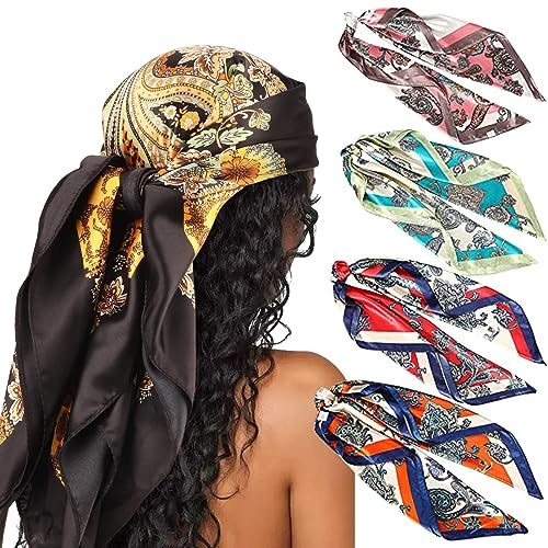 DRESHOW 90x90cm Große Quadratische Schals für Damen 4 Stück Seide Kopftuch Bandanas Haartuch Halstuch Haarschmuck