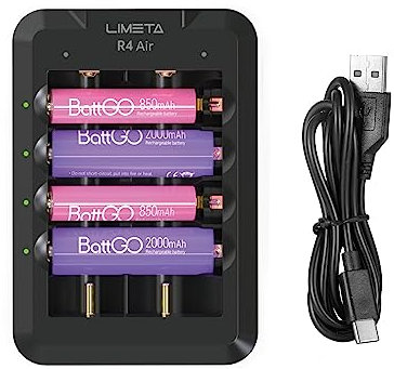 LIMETA Carica Batterie Ricaricabili AA e AAA 18650, Caricabatterie Rapido e Compatto per pile Ricaricabili, Carica pile Ricaricabili Intelligente con Connessione Bluetooth, Input Type-C (R4Air)