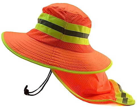 Glory Max High Visibility Reflective Work Safety Bucket Hat Cap Mesh Neck Flap (Full Brim Orange 1Pc)