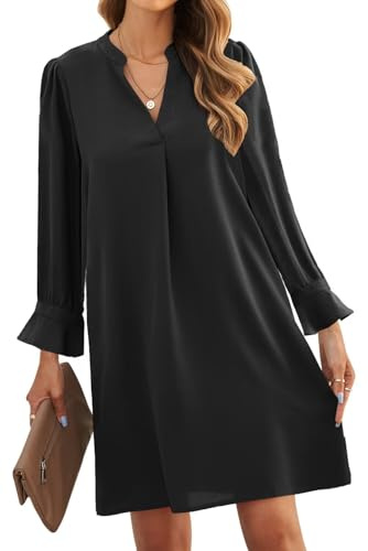 ANFTFH Damen Tunika Kleid Langarm Kleider Elegant Blusekleid Freizeitkleid Locker Kleider mit Halbärmeln Schwarz M