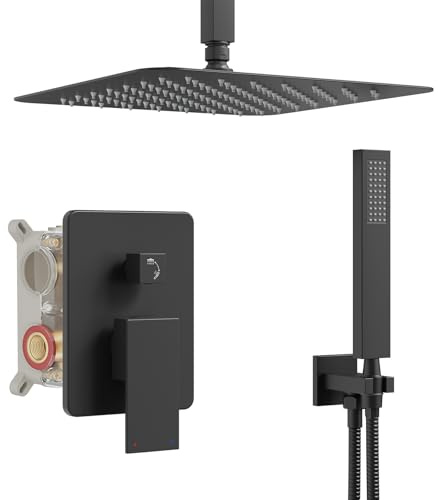 HoliSpa Ceiling Mount Shower Faucet Set, Black Shower System with 10-Inch Rain Showerhead and Handheld Spray Combo, High-Pressure Showerheads Set with Valve and Trim Kit, Matte Black