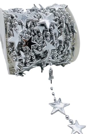 Wambere 1 Roll 10m Stern Girlande Deko,Weihnachtsgirlande für Christbaumschmuck Hängende für Sternengirlande Tischdeko Fenstern Geburtstag Hochzeit Weihnachten Silvester Party Deko,Sterne Silber