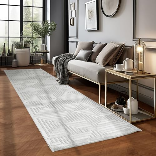 Carpetsale24 Kurzflor Teppich Läufer 80x250 cm Grau Modern Skandinavisch Boho Design Einfarbig 3D Effekt Weich Waschbar Pflegeleicht für Flur Eingang Küche Schlafzimmer