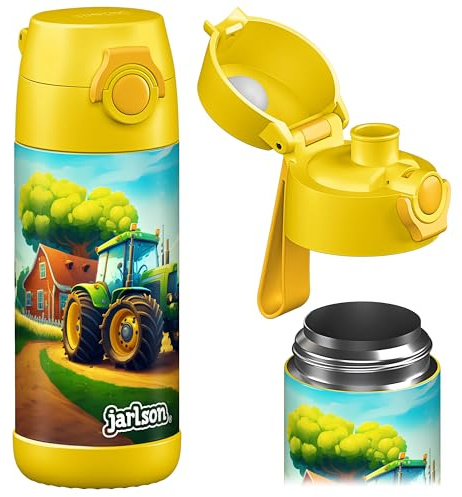 Jarlson® Trinkflasche Kinder Edelstahl MALI [THERMOSFLASCHE] - Kindertrinkflasche Auslaufsicher - Thermoskanne Kohlensäure geeignet - Thermo Trink Flasche für Schule & Kindergarten (350ml, Traktor)